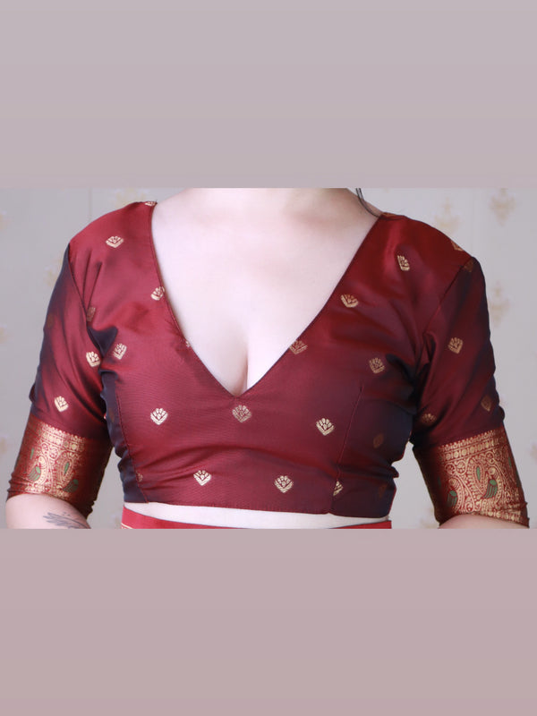 Soft Silk Banarasi Saree with Peacock Butta Meenakari Motifs & Blouse Piece