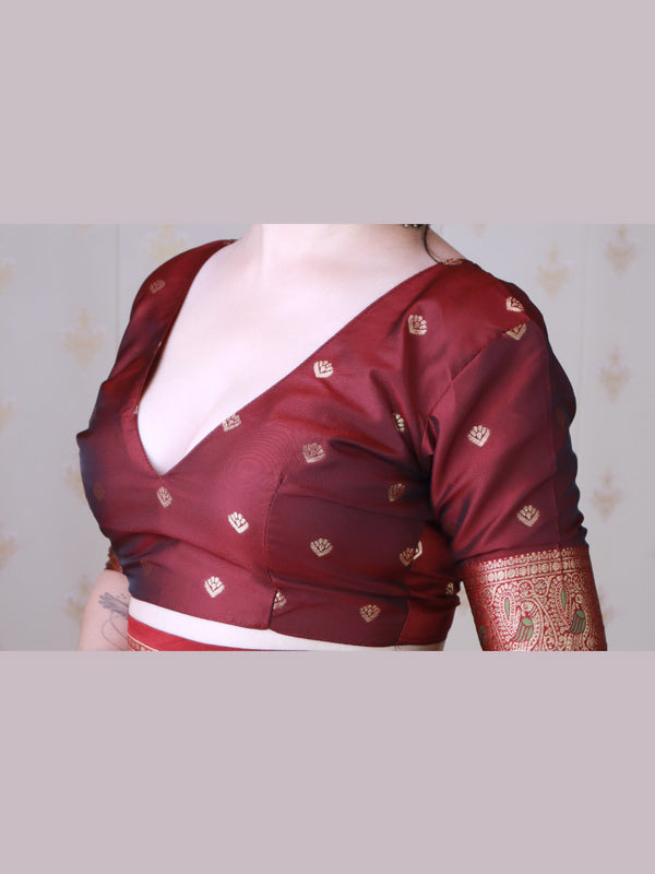 Soft Silk Banarasi Saree with Peacock Butta Meenakari Motifs & Blouse Piece
