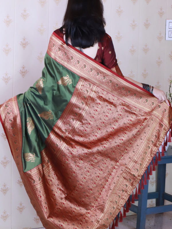 Soft Silk Banarasi Saree with Peacock Butta Meenakari Motifs & Blouse Piece