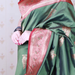 Soft Silk Banarasi Saree with Peacock Butta Meenakari Motifs & Blouse Piece