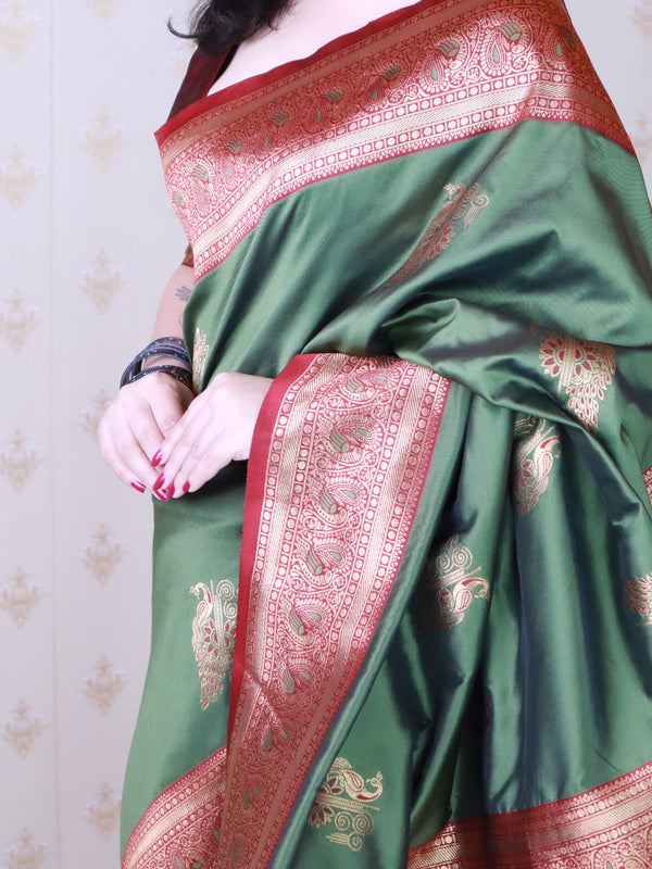 Soft Silk Banarasi Saree with Peacock Butta Meenakari Motifs & Blouse Piece