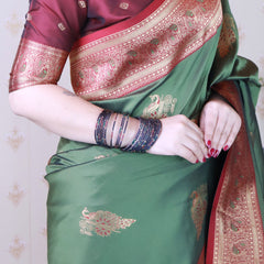 Soft Silk Banarasi Saree with Peacock Butta Meenakari Motifs & Blouse Piece