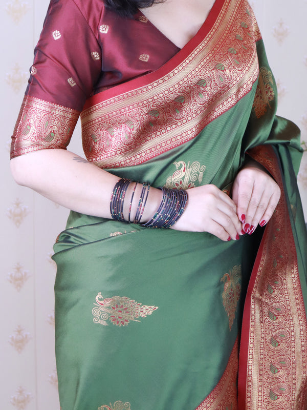 Soft Silk Banarasi Saree with Peacock Butta Meenakari Motifs & Blouse Piece
