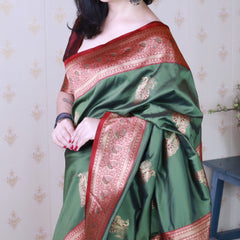 Soft Silk Banarasi Saree with Peacock Butta Meenakari Motifs & Blouse Piece