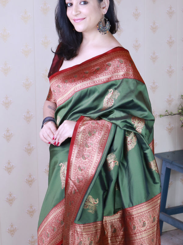 Soft Silk Banarasi Saree with Peacock Butta Meenakari Motifs & Blouse Piece