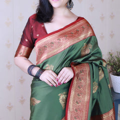 Soft Silk Banarasi Saree with Peacock Butta Meenakari Motifs & Blouse Piece