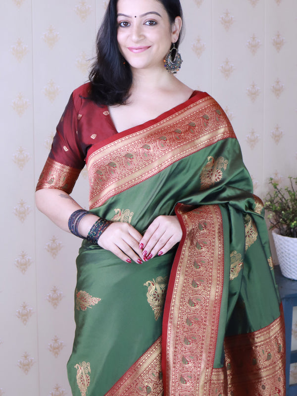Soft Silk Banarasi Saree with Peacock Butta Meenakari Motifs & Blouse Piece