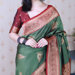 Soft Silk Banarasi Saree with Peacock Butta Meenakari Motifs & Blouse Piece