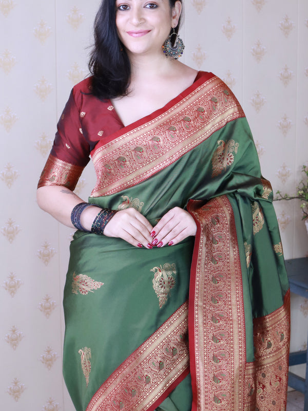 Soft Silk Banarasi Saree with Peacock Butta Meenakari Motifs & Blouse Piece