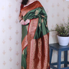 Soft Silk Banarasi Saree with Peacock Butta Meenakari Motifs & Blouse Piece