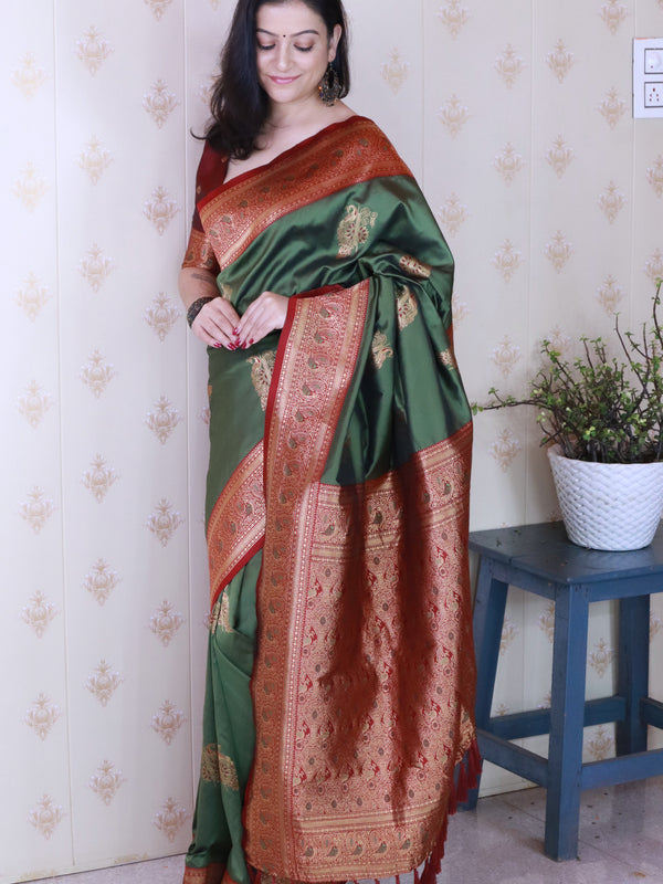 Soft Silk Banarasi Saree with Peacock Butta Meenakari Motifs & Blouse Piece