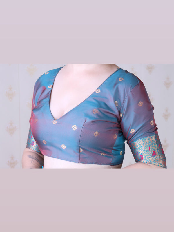 Soft Silk Banarasi Saree with Peacock Butta Meenakari Motifs & Blouse Piece
