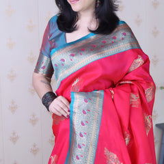Soft Silk Banarasi Saree with Peacock Butta Meenakari Motifs & Blouse Piece