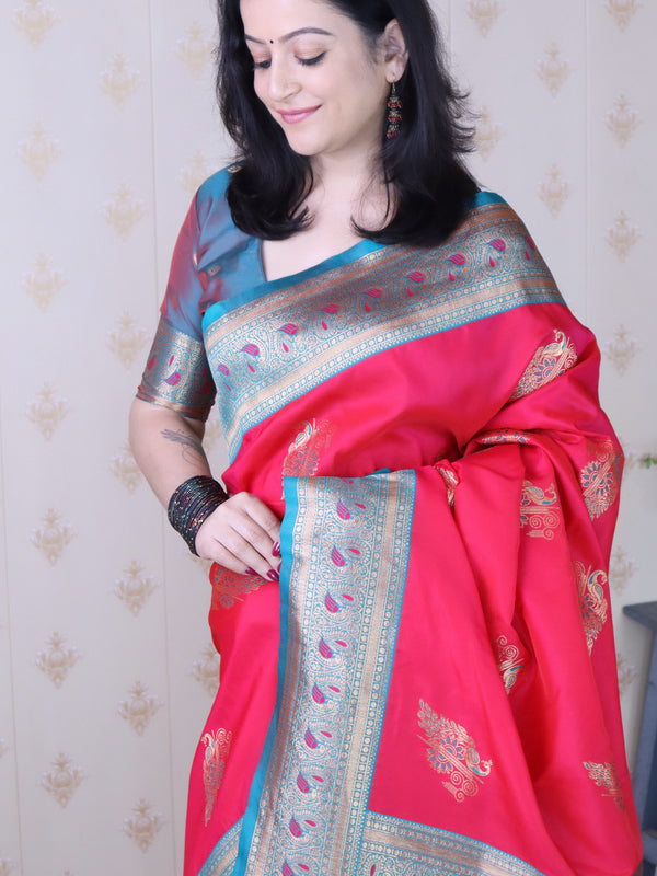 Soft Silk Banarasi Saree with Peacock Butta Meenakari Motifs & Blouse Piece