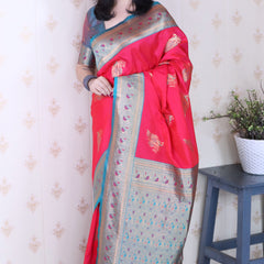 Soft Silk Banarasi Saree with Peacock Butta Meenakari Motifs & Blouse Piece