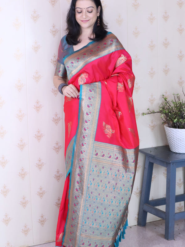 Soft Silk Banarasi Saree with Peacock Butta Meenakari Motifs & Blouse Piece