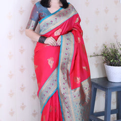 Soft Silk Banarasi Saree with Peacock Butta Meenakari Motifs & Blouse Piece