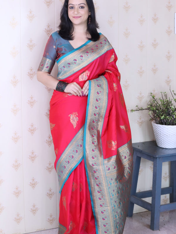 Soft Silk Banarasi Saree with Peacock Butta Meenakari Motifs & Blouse Piece