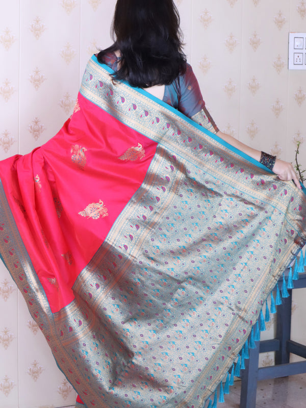 Soft Silk Banarasi Saree with Peacock Butta Meenakari Motifs & Blouse Piece