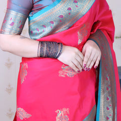 Soft Silk Banarasi Saree with Peacock Butta Meenakari Motifs & Blouse Piece