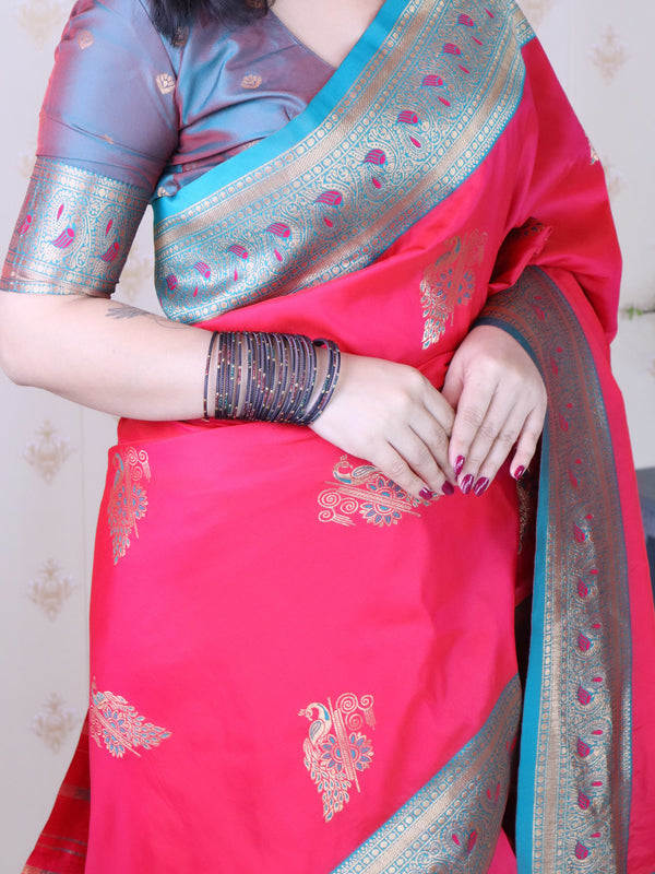 Soft Silk Banarasi Saree with Peacock Butta Meenakari Motifs & Blouse Piece