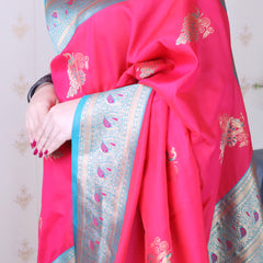 Soft Silk Banarasi Saree with Peacock Butta Meenakari Motifs & Blouse Piece