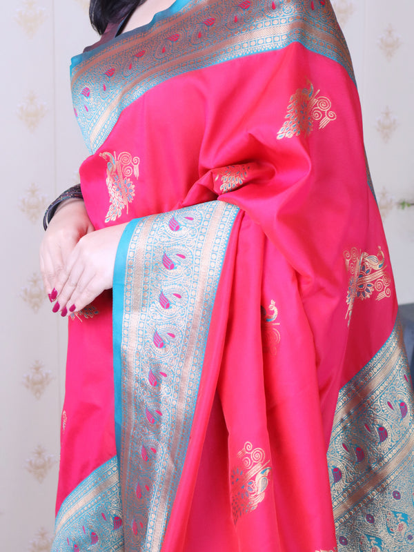 Soft Silk Banarasi Saree with Peacock Butta Meenakari Motifs & Blouse Piece