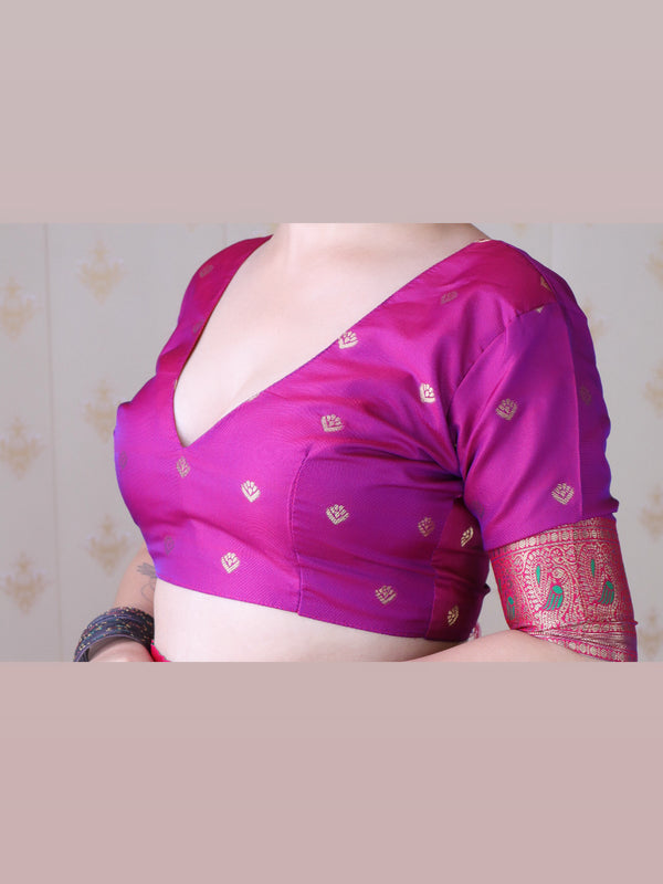 Soft Silk Banarasi Saree with Peacock Butta Meenakari Motifs & Blouse Piece