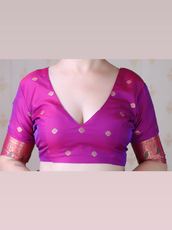 Soft Silk Banarasi Saree with Peacock Butta Meenakari Motifs & Blouse Piece
