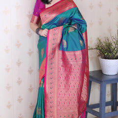 Soft Silk Banarasi Saree with Peacock Butta Meenakari Motifs & Blouse Piece