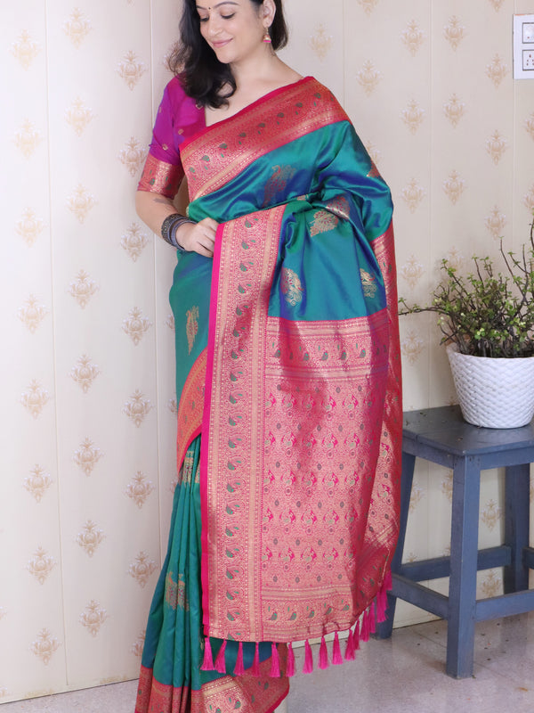 Soft Silk Banarasi Saree with Peacock Butta Meenakari Motifs & Blouse Piece
