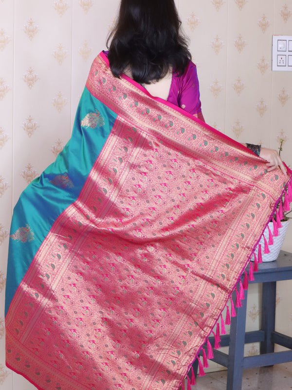 Soft Silk Banarasi Saree with Peacock Butta Meenakari Motifs & Blouse Piece