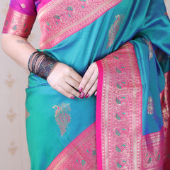 Soft Silk Banarasi Saree with Peacock Butta Meenakari Motifs & Blouse Piece
