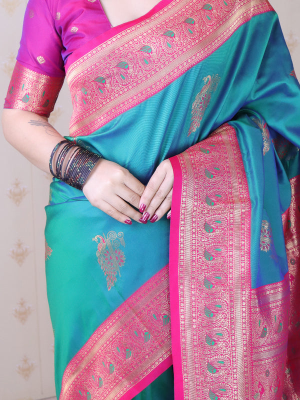 Soft Silk Banarasi Saree with Peacock Butta Meenakari Motifs & Blouse Piece