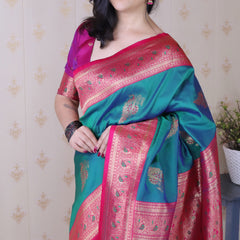 Soft Silk Banarasi Saree with Peacock Butta Meenakari Motifs & Blouse Piece