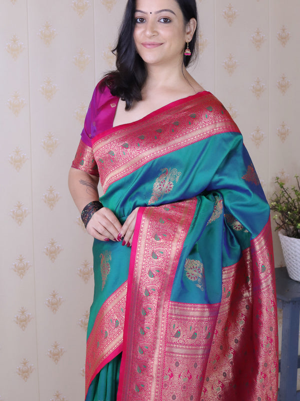 Soft Silk Banarasi Saree with Peacock Butta Meenakari Motifs & Blouse Piece