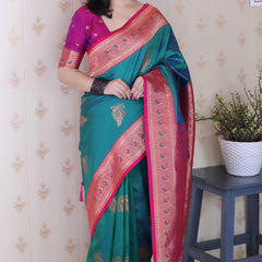 Soft Silk Banarasi Saree with Peacock Butta Meenakari Motifs & Blouse Piece