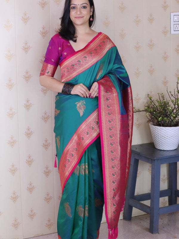 Soft Silk Banarasi Saree with Peacock Butta Meenakari Motifs & Blouse Piece