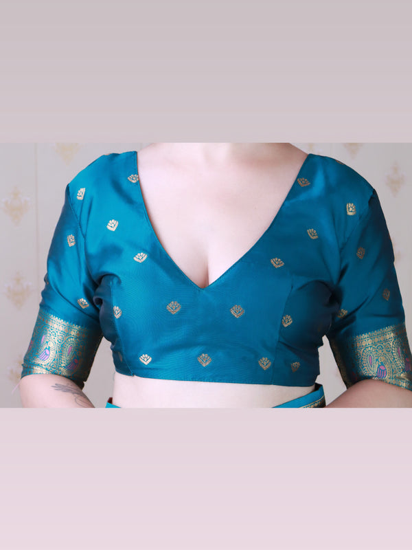 Soft Silk Banarasi Saree with Peacock Butta Meenakari Motifs & Blouse Piece