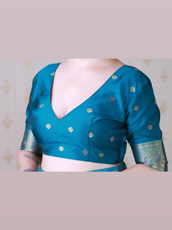 Soft Silk Banarasi Saree with Peacock Butta Meenakari Motifs & Blouse Piece