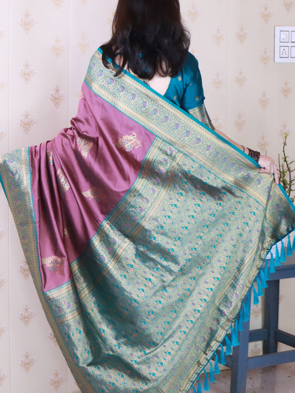 Soft Silk Banarasi Saree with Peacock Butta Meenakari Motifs & Blouse Piece