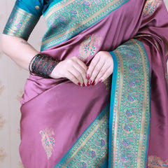 Soft Silk Banarasi Saree with Peacock Butta Meenakari Motifs & Blouse Piece