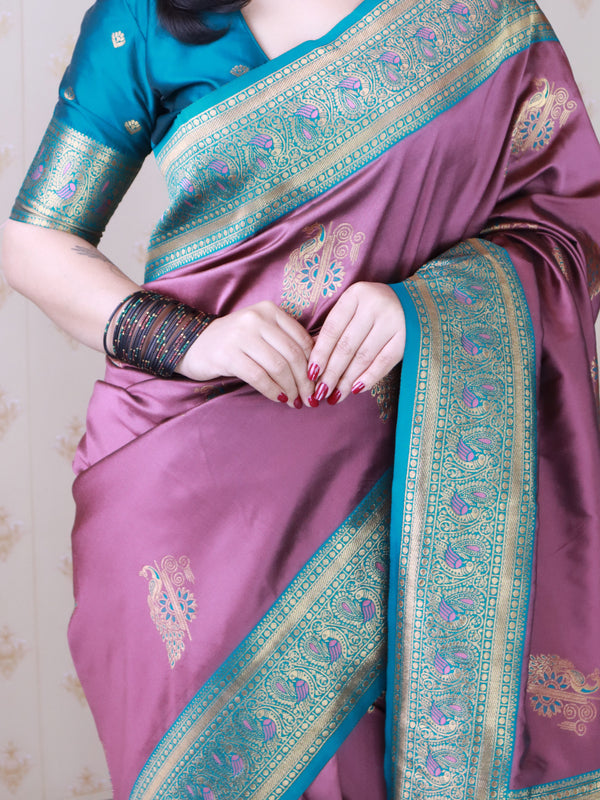 Soft Silk Banarasi Saree with Peacock Butta Meenakari Motifs & Blouse Piece