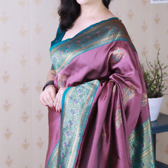 Soft Silk Banarasi Saree with Peacock Butta Meenakari Motifs & Blouse Piece