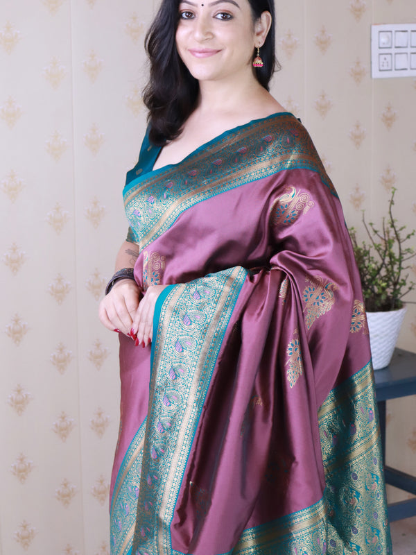 Soft Silk Banarasi Saree with Peacock Butta Meenakari Motifs & Blouse Piece