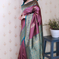 Soft Silk Banarasi Saree with Peacock Butta Meenakari Motifs & Blouse Piece