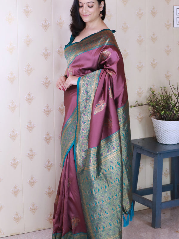 Soft Silk Banarasi Saree with Peacock Butta Meenakari Motifs & Blouse Piece