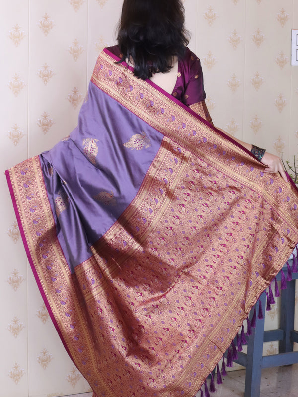 Soft Silk Banarasi Saree with Peacock Butta Meenakari Motifs & Blouse Piece