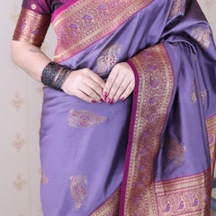 Soft Silk Banarasi Saree with Peacock Butta Meenakari Motifs & Blouse Piece