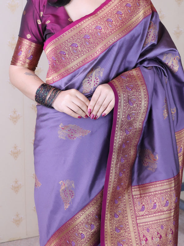 Soft Silk Banarasi Saree with Peacock Butta Meenakari Motifs & Blouse Piece